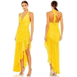 Mac DUGGAL ASYMMETRICAL RUFFLE HEM HALTER STRAP DRESS YELLOW SZ 4 NEW‎ 55847